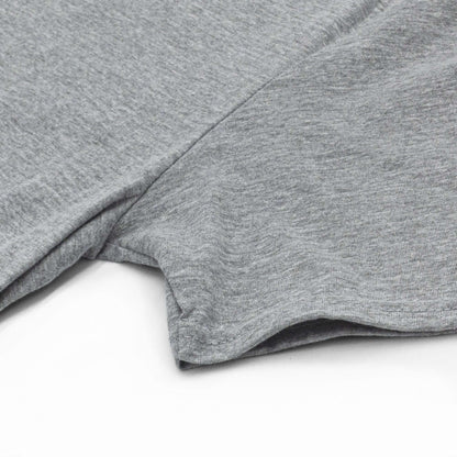 Gray short-sleeve T-shirt sleeve and hem seam close-up