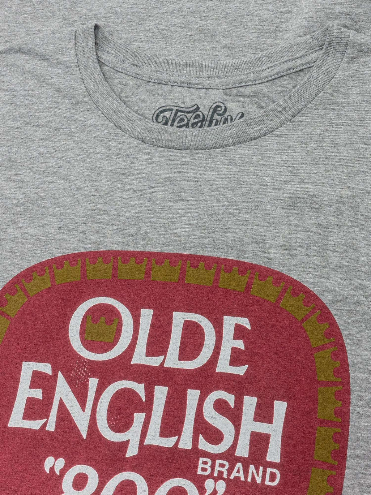 Gray crew-neck T-shirt with partial Olde English "800" front graphic