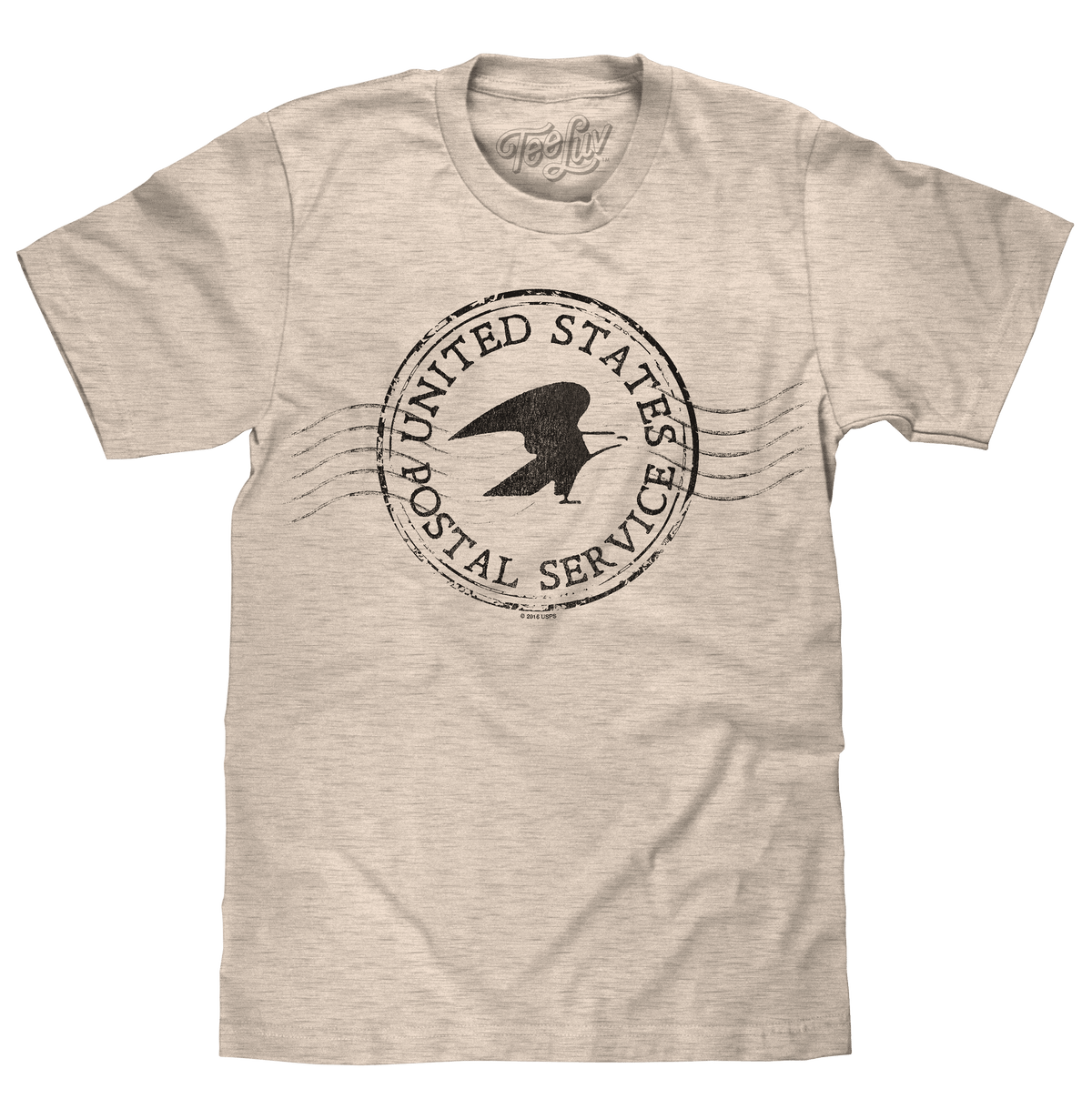 Oatmeal heather USPS postmark graphic t-shirt, crew neck with circular mail service print