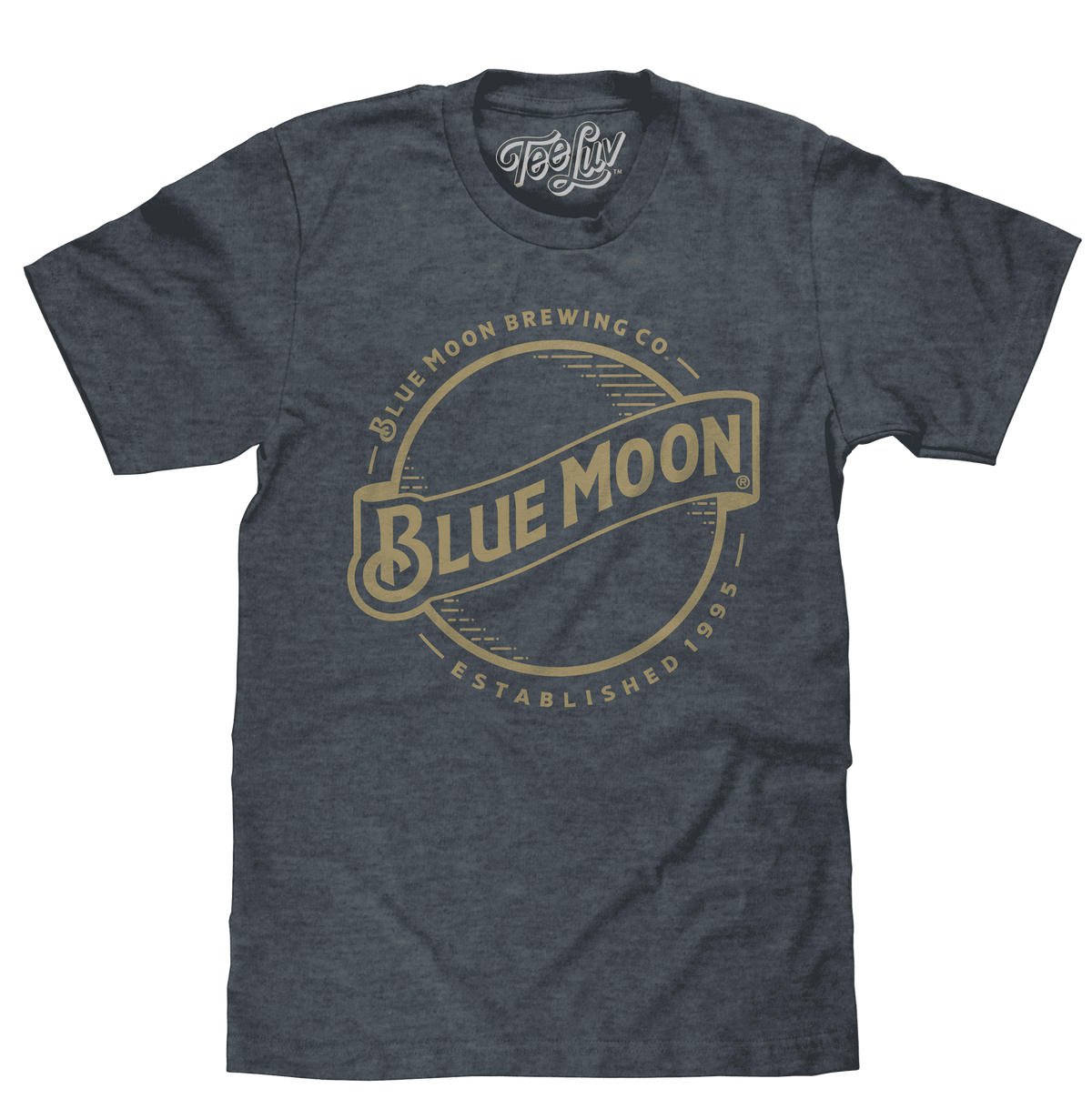 Indigo T-shirt with gold Blue Moon logo and crew neck