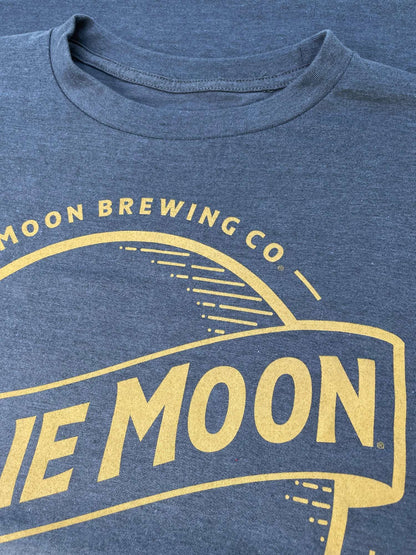 Heather indigo T-shirt with gold 'Blue Moon' front graphic and text
