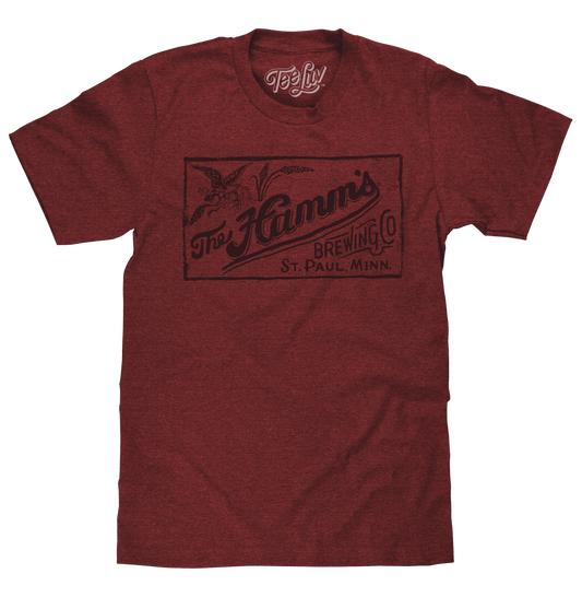Brick heather T-shirt with distressed rectangular Hamm's brewing logo on chest