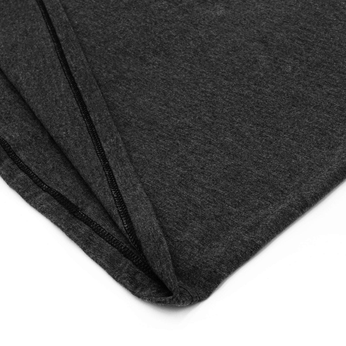 Charcoal heather T-shirt corner seam detail at bottom hem