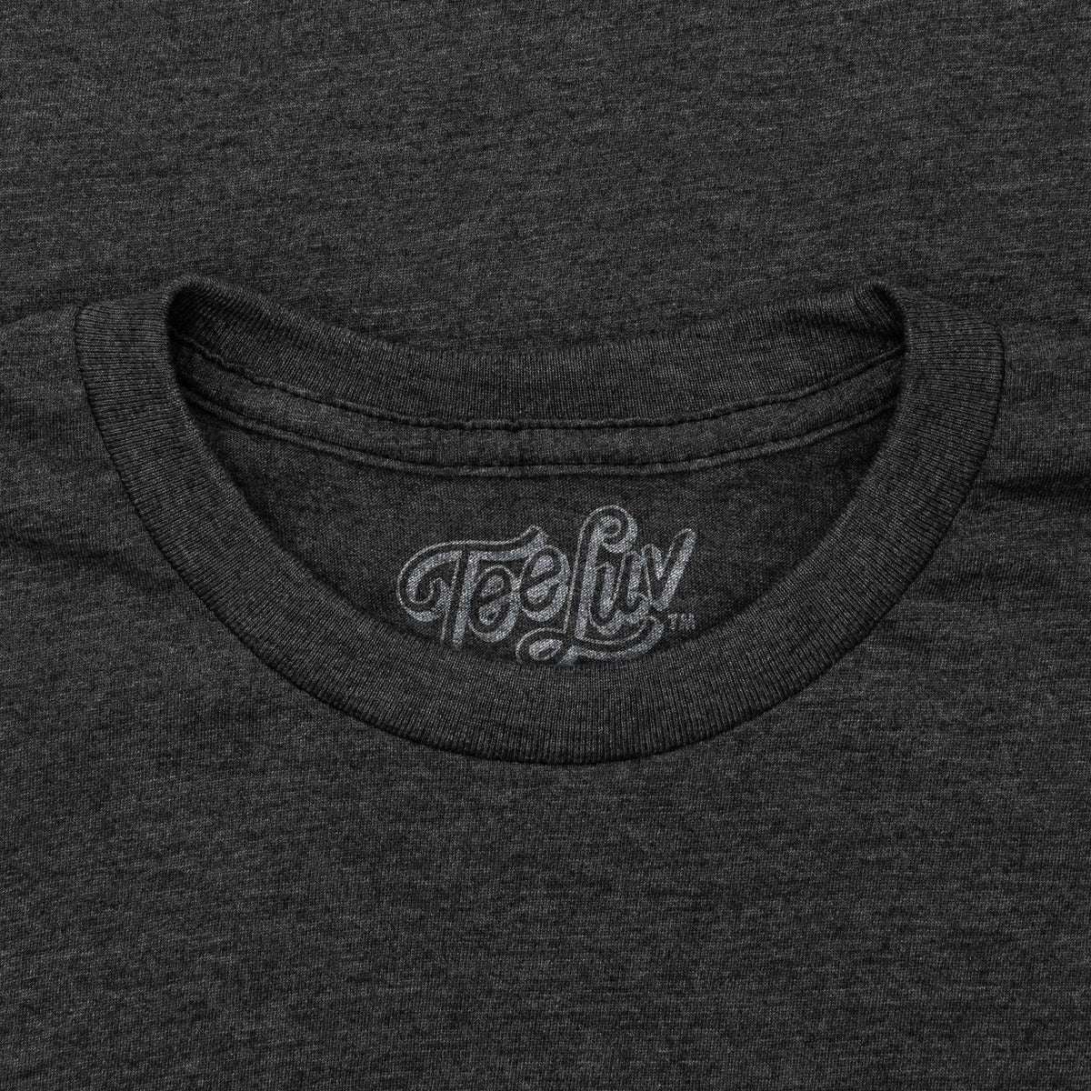Charcoal heather crewneck T-shirt with Teeluv logo label at collar