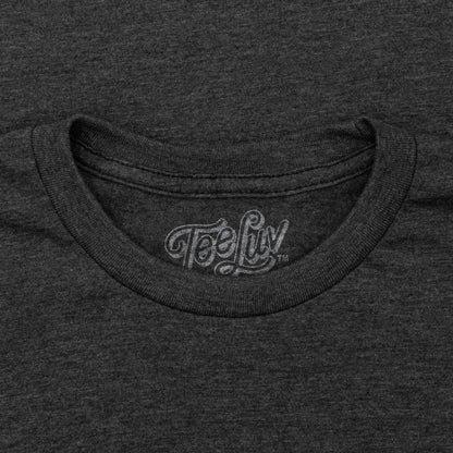 Charcoal heather crewneck T-shirt with Teeluv logo label at collar