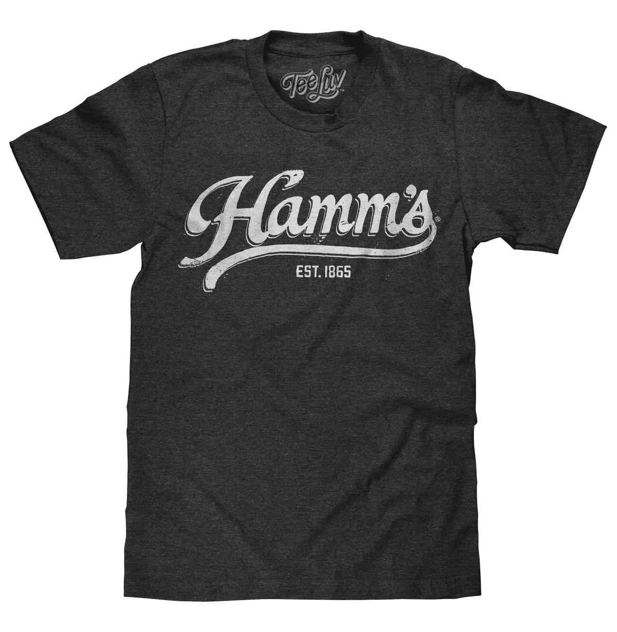 Charcoal heather T-shirt with large Hamm’s logo graphic and EST. 1865 print