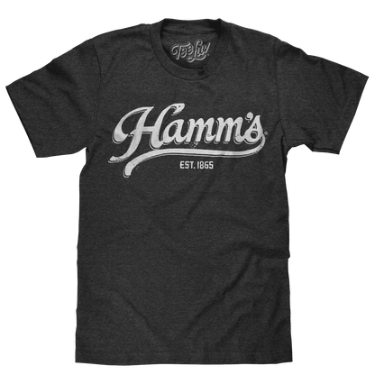 Charcoal heather T-shirt with large Hamm’s logo graphic and EST. 1865 print