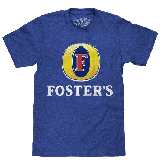 Royal heather T-shirt with distressed Foster's Lager logo on chest, crew neck