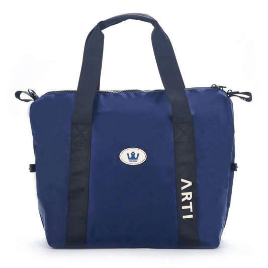 Navy polyester duffle bag with top handles, side pull-ties, and ARTI logo patch