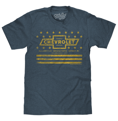 Gray heather T-shirt with Chevrolet graphic and star accents at chest