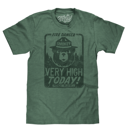 Green Smokey Bear T-shirt with Fire Danger Very High Today graphic