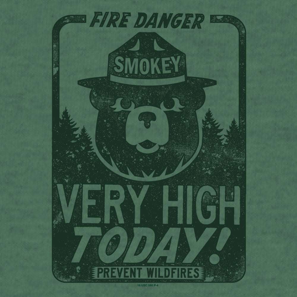 Green Smokey Bear T-shirt graphic reading Fire Danger Very High Today