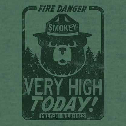 Green Smokey Bear T-shirt graphic reading Fire Danger Very High Today