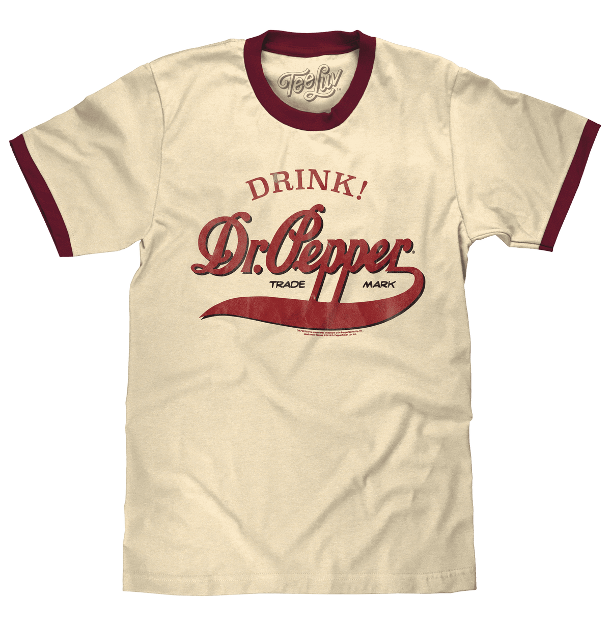 Beige ringer T-shirt with maroon trim and front Dr Pepper “DRINK!” graphic