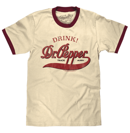 Beige ringer T-shirt with maroon trim and front Dr Pepper “DRINK!” graphic