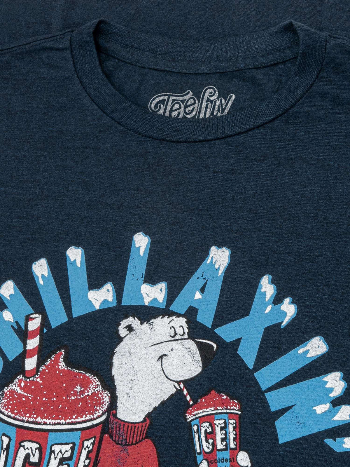 Dark heather T-shirt close-up of crew neck and polar bear ice drinks graphic