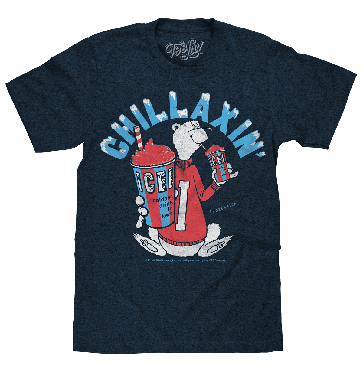 Navy heather T-shirt with polar bear ice drinks graphic, short sleeves, crew neck