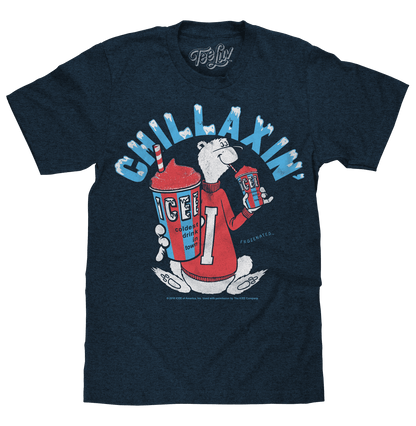 Navy heather T-shirt with polar bear ice drinks graphic, short sleeves, crew neck