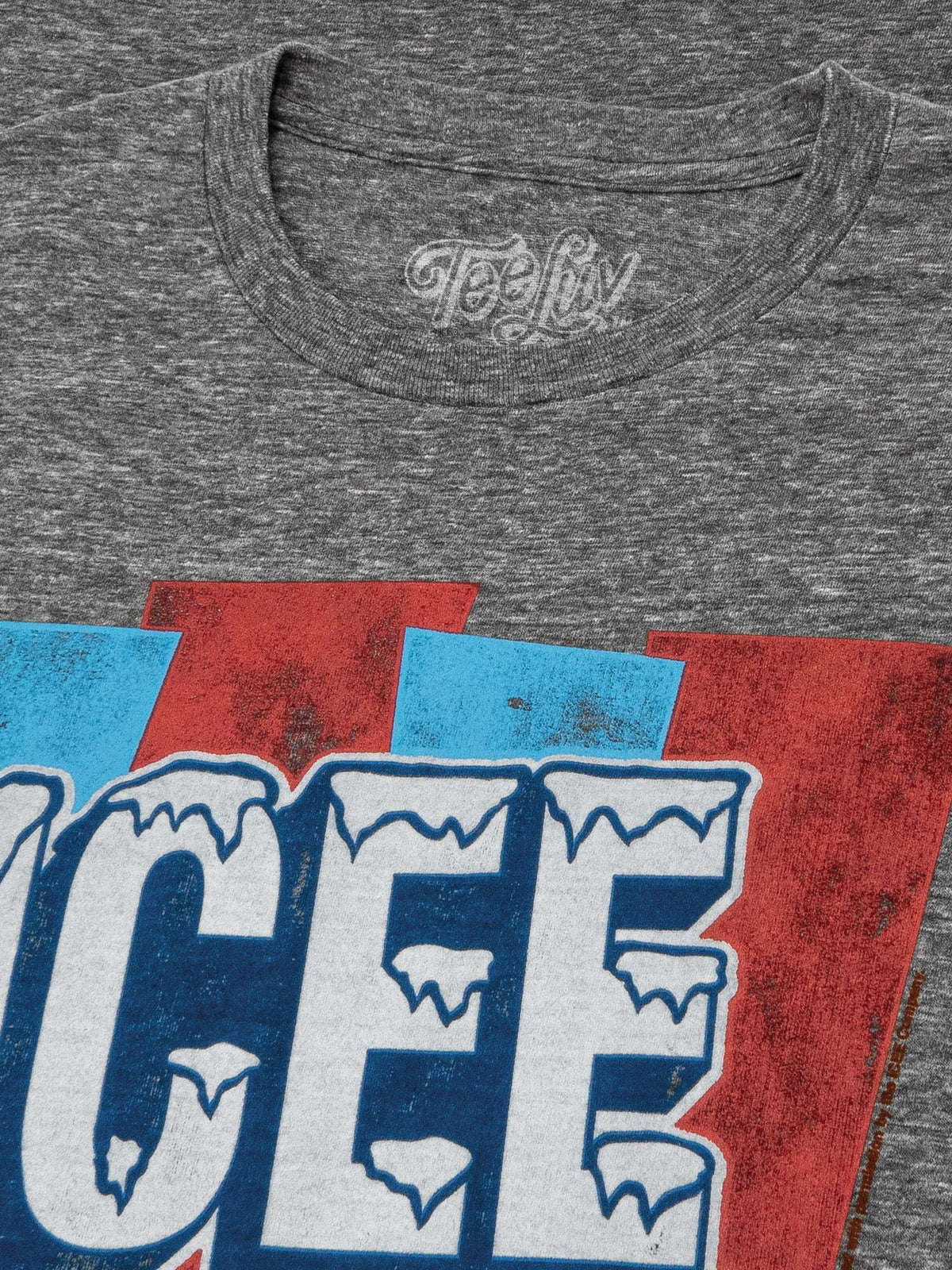 Heather gray T-shirt collar with Teeblvd logo and partial ICEE print