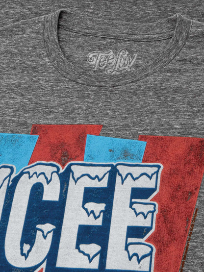 Heather gray T-shirt collar with Teeblvd logo and partial ICEE print