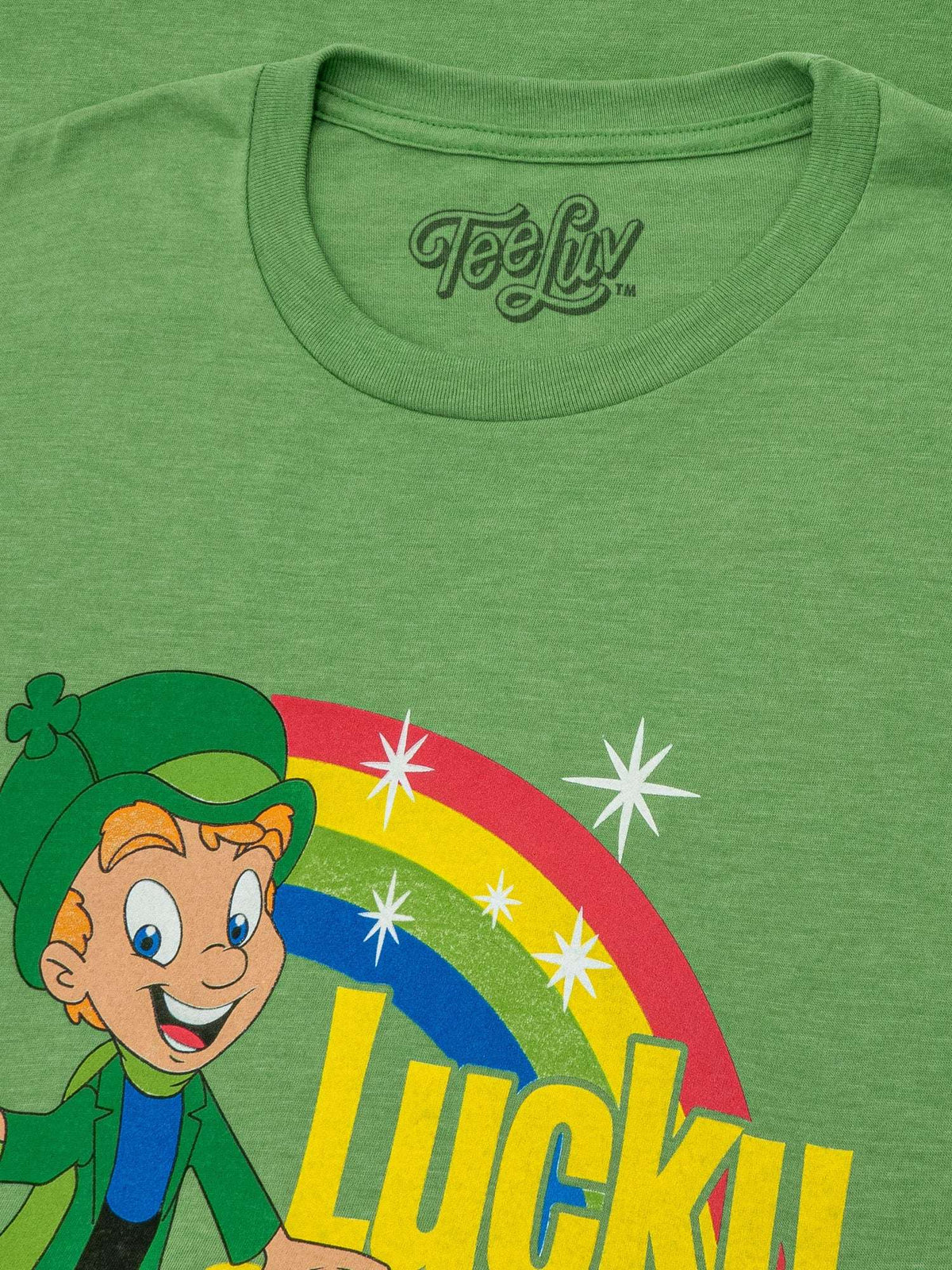 Green heather T-shirt with Lucky Charms leprechaun logo graphic close-up