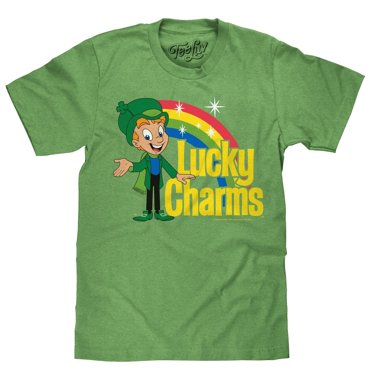 Green heather T-shirt with Lucky Charms leprechaun chest graphic