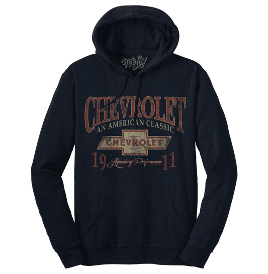 Navy pullover hoodie with Chevrolet graphic on front