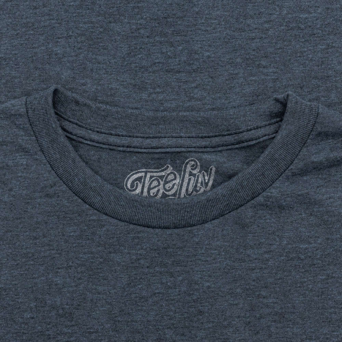 Indigo black heather crew-neck T-shirt with TeeLuv logo on the neckline