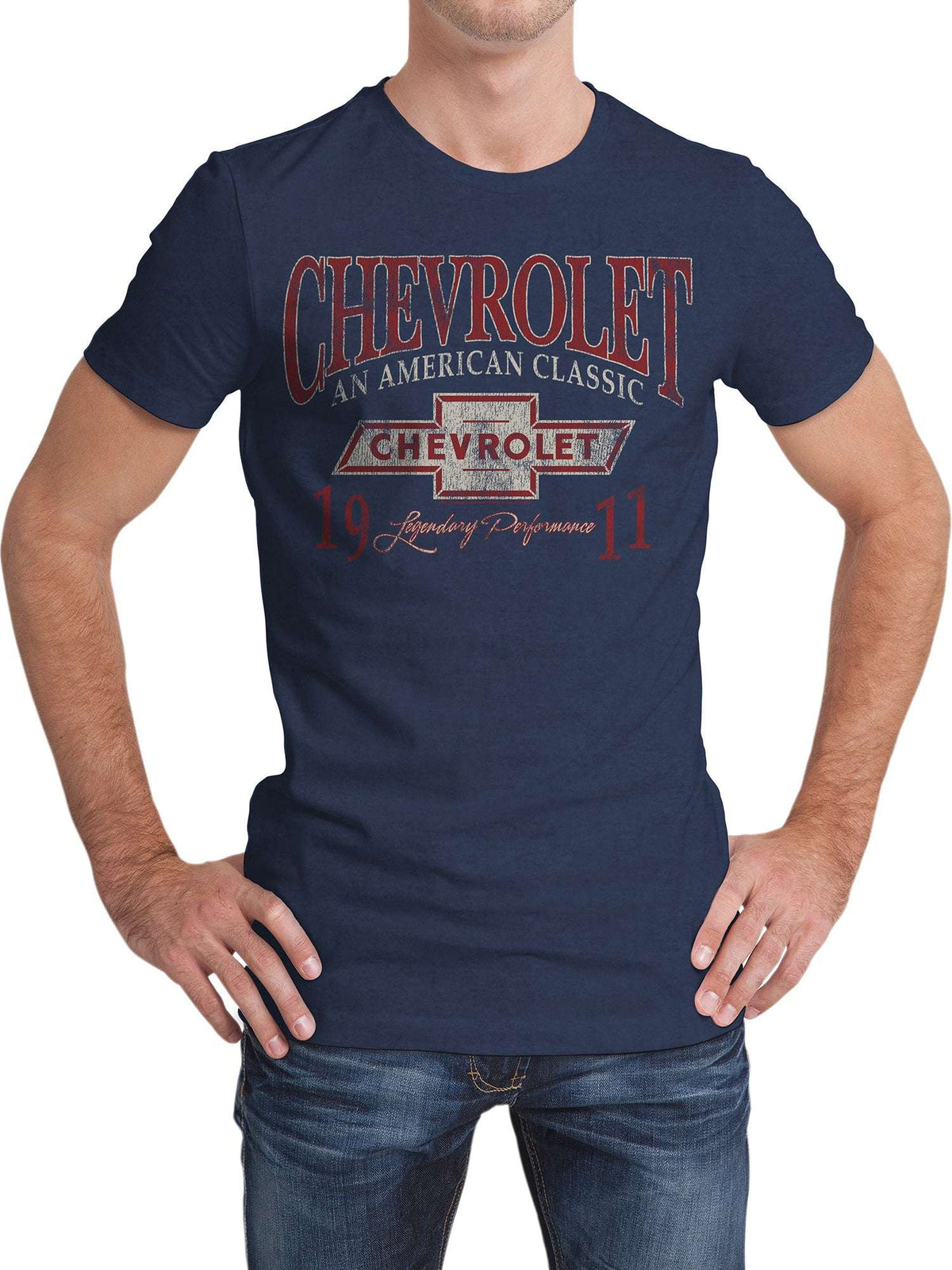 Indigo black heather Chevrolet logo T-shirt worn by a model, short sleeves