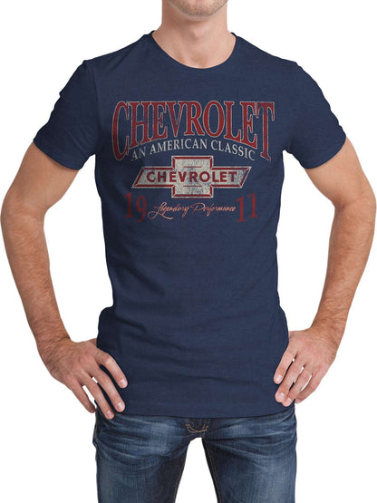 Indigo black heather Chevrolet logo T-shirt worn by a model, short sleeves