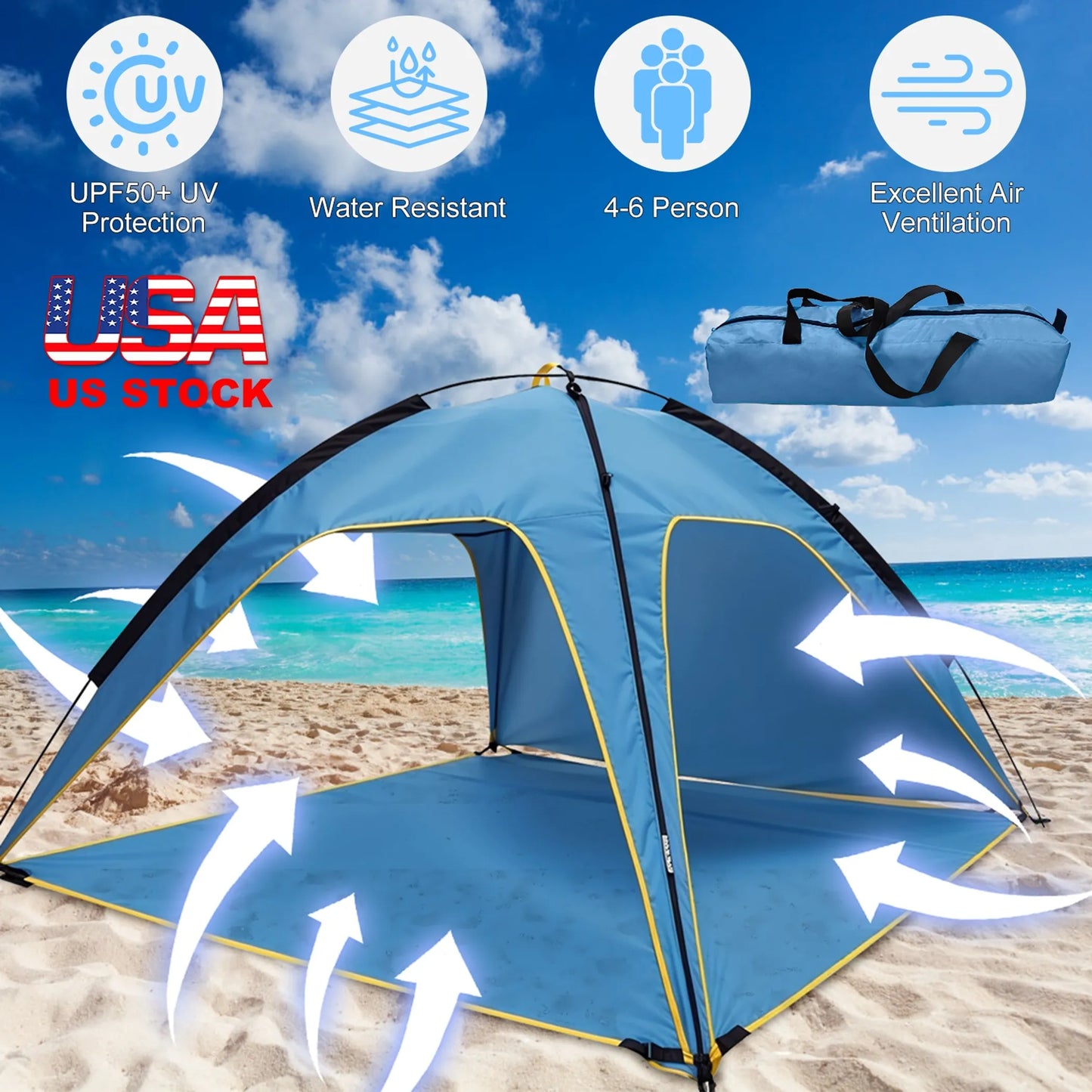 Beach Tent – 4-6 Person, UV-Blocking, Waterproof with 3 Openings