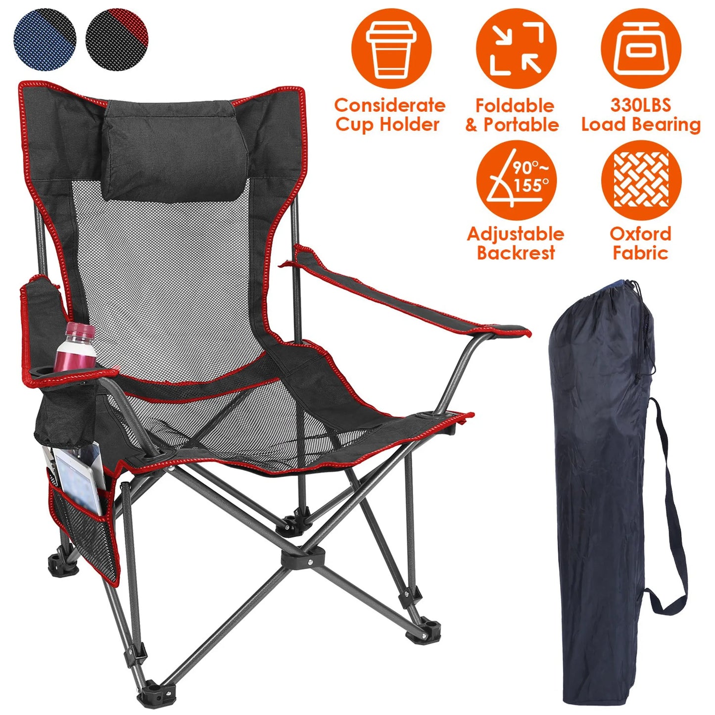 Foldable Camping Chair – 330 lb Capacity, Mesh Cup Holder & Side Pocket (Black)