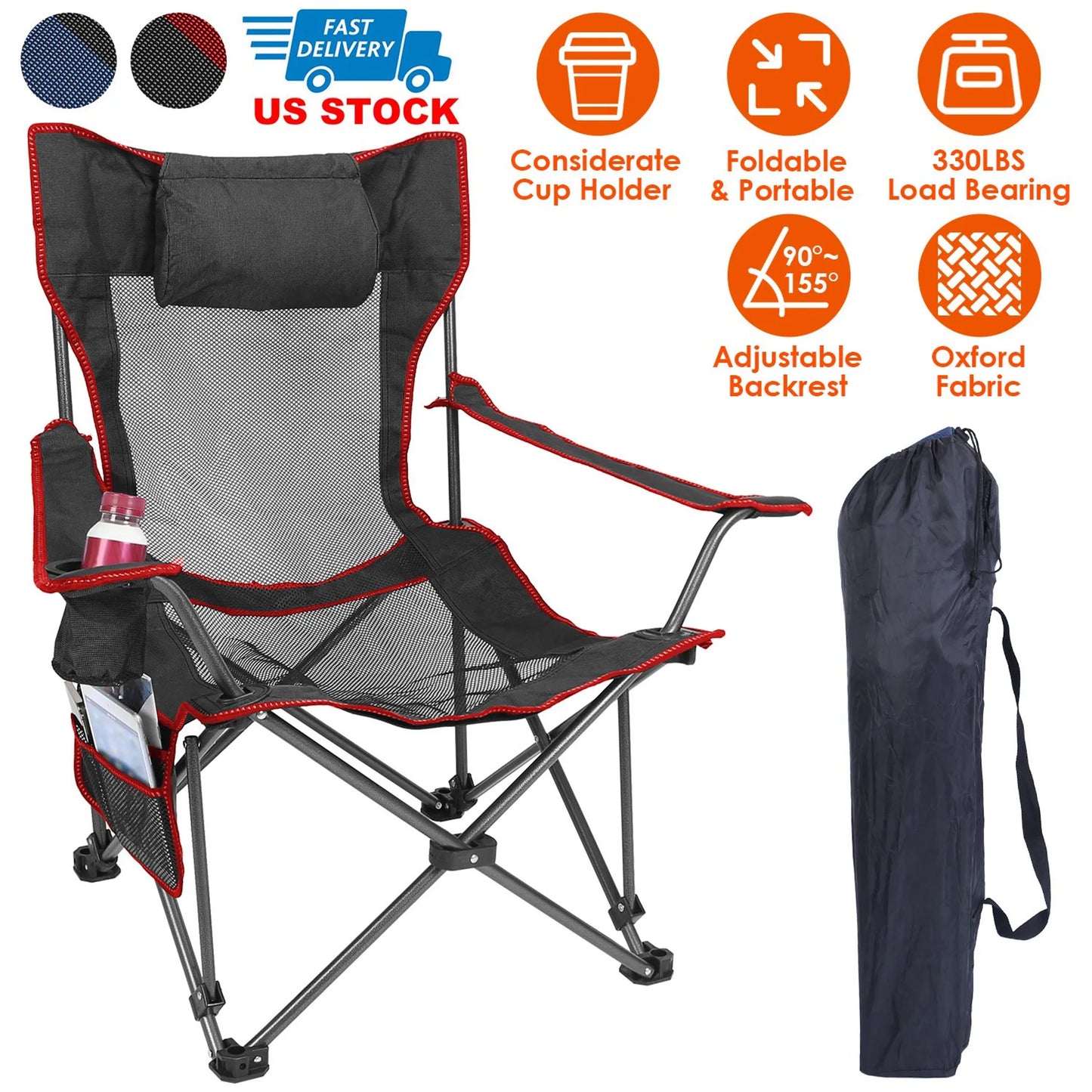 Foldable Camping Chair – 330 lb Capacity, Mesh Cup Holder & Side Pocket (Black)