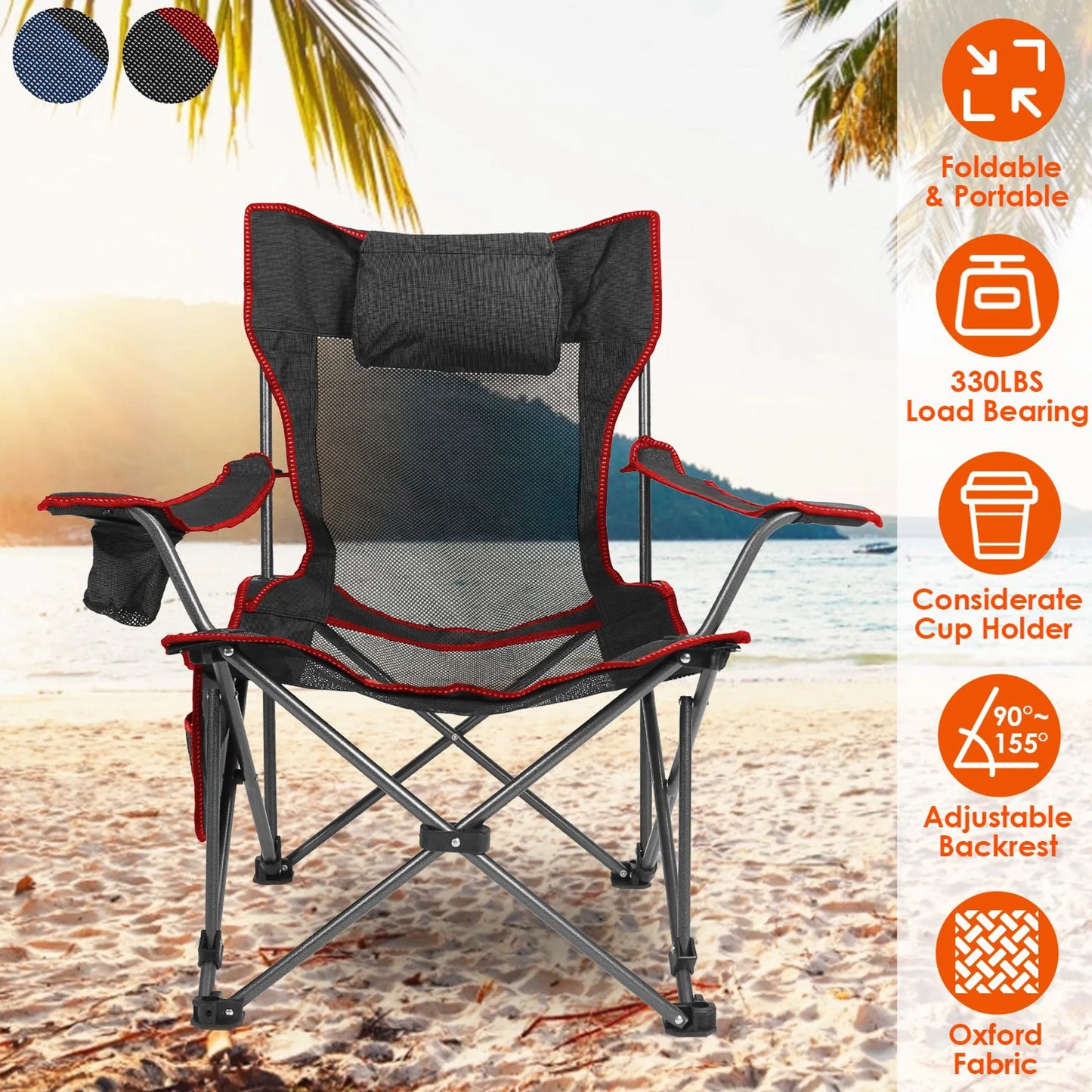 Foldable Camping Chair – 330 lb Capacity, Mesh Cup Holder & Side Pocket (Black)