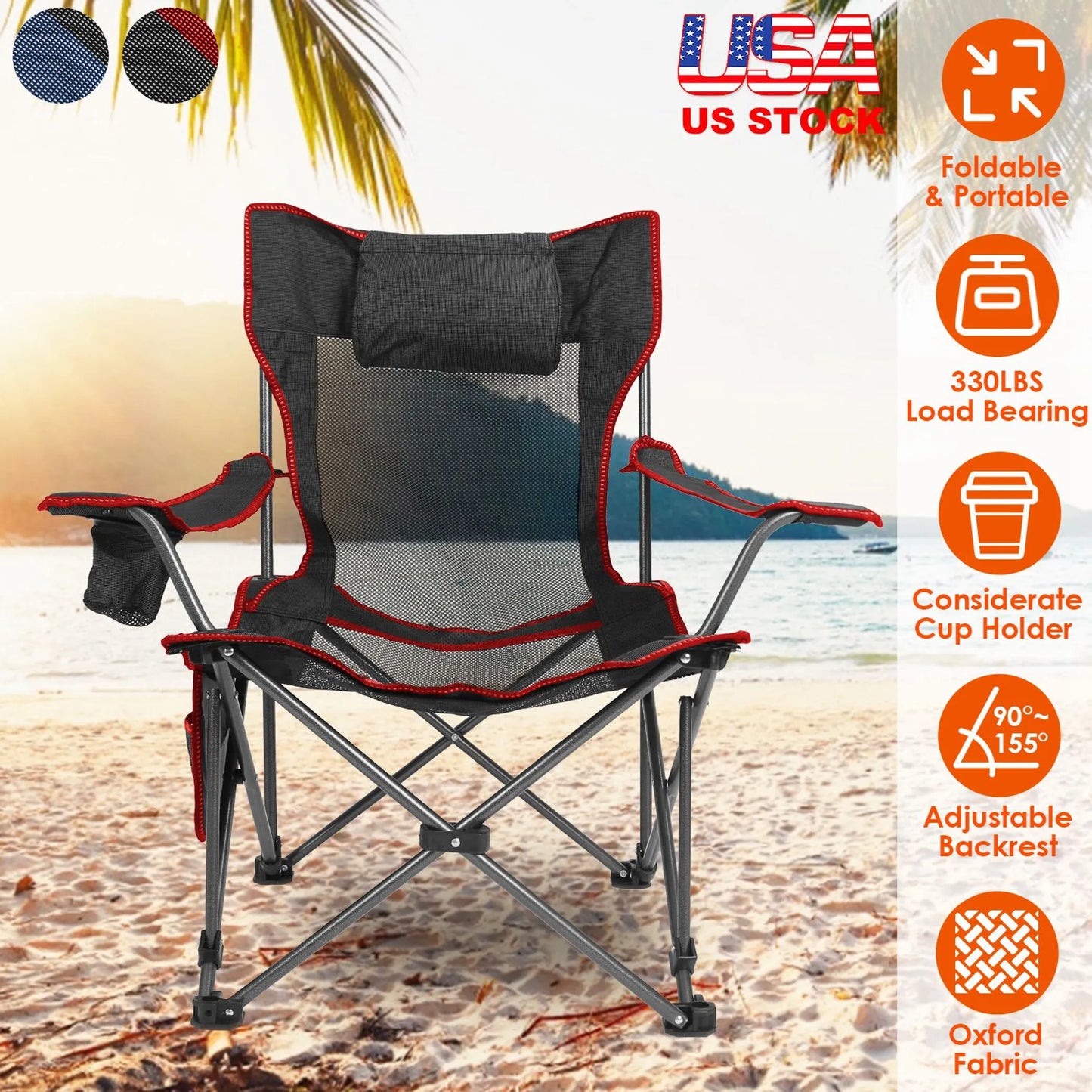 Foldable Camping Chair – 330 lb Capacity, Mesh Cup Holder & Side Pocket (Black)
