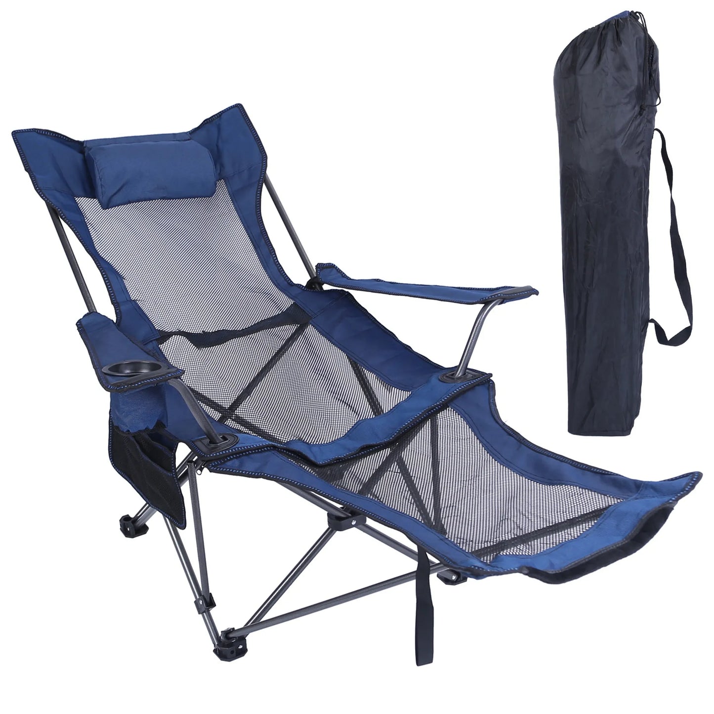 Foldable Camping Chair – 330 lb Capacity, Mesh Cup Holder & Side Pocket (Blue)