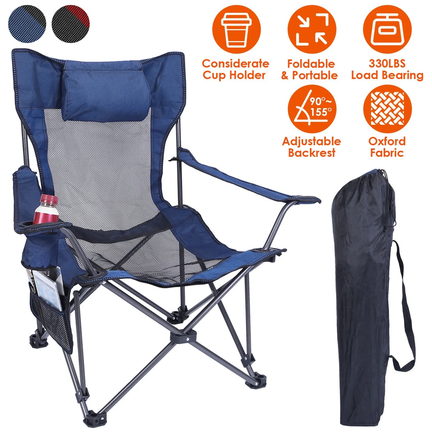 Foldable Camping Chair – 330 lb Capacity, Mesh Cup Holder & Side Pocket (Blue)