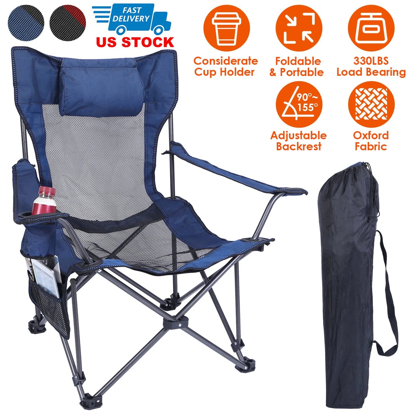 Foldable Camping Chair – 330 lb Capacity, Mesh Cup Holder & Side Pocket (Blue)