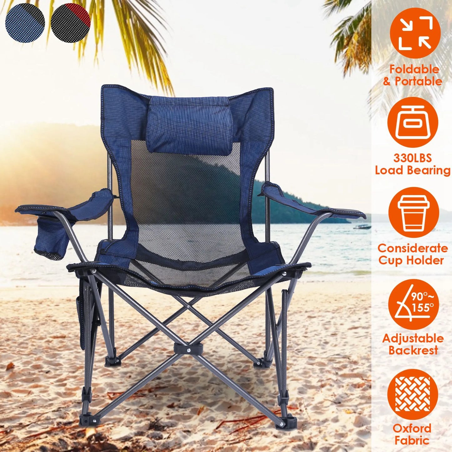 Foldable Camping Chair – 330 lb Capacity, Mesh Cup Holder & Side Pocket (Blue)