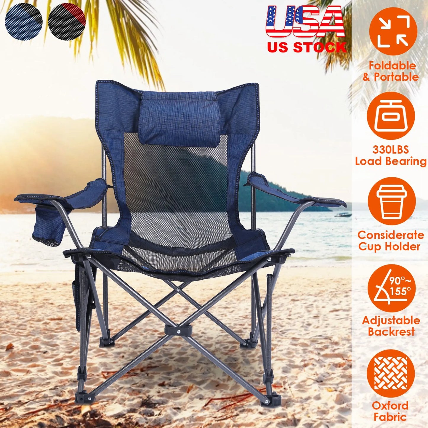 Foldable Camping Chair – 330 lb Capacity, Mesh Cup Holder & Side Pocket (Blue)