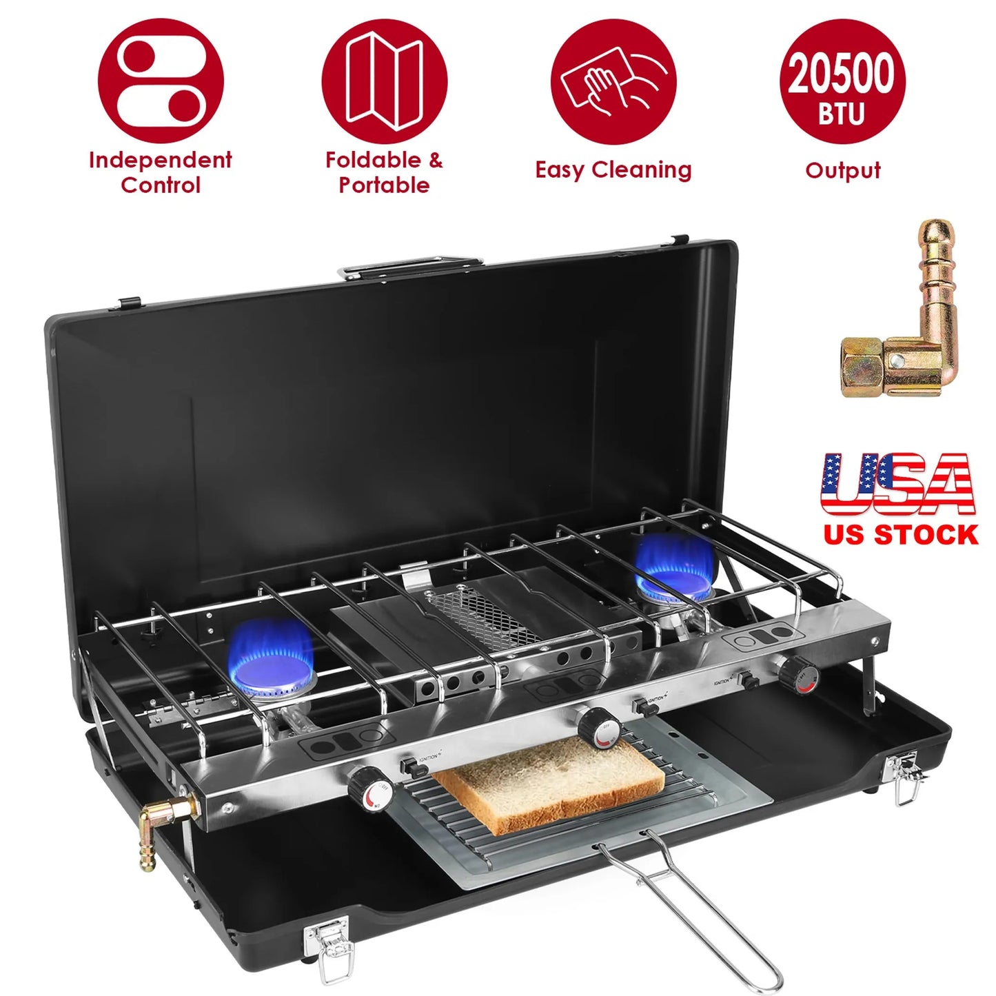 3-Burner Propane Camping Stove – 20,000 BTU Portable & Foldable