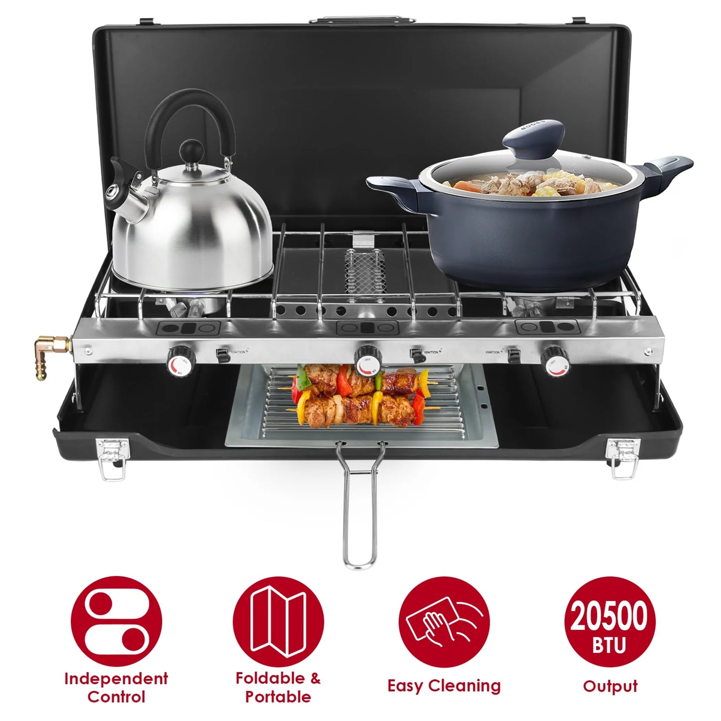 3-Burner Propane Camping Stove – 20,000 BTU Portable & Foldable