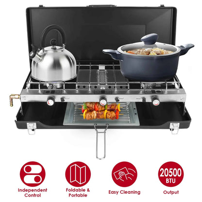 3-Burner Propane Camping Stove – 20,000 BTU Portable & Foldable