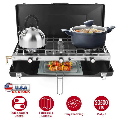 3-Burner Propane Camping Stove – 20,000 BTU Portable & Foldable