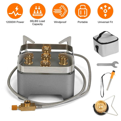 12,000W Portable Camping Stove – 5-Burner Brass, Windproof