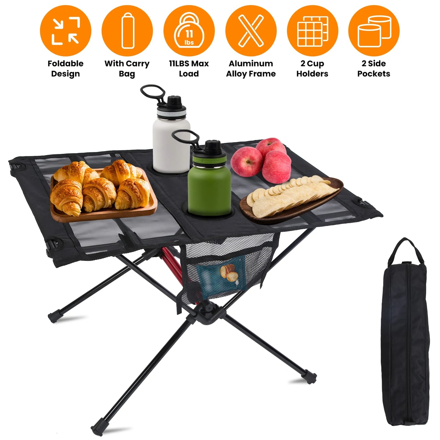 Portable Folding Camping Table – Lightweight with Cup Holders & Side Pockets