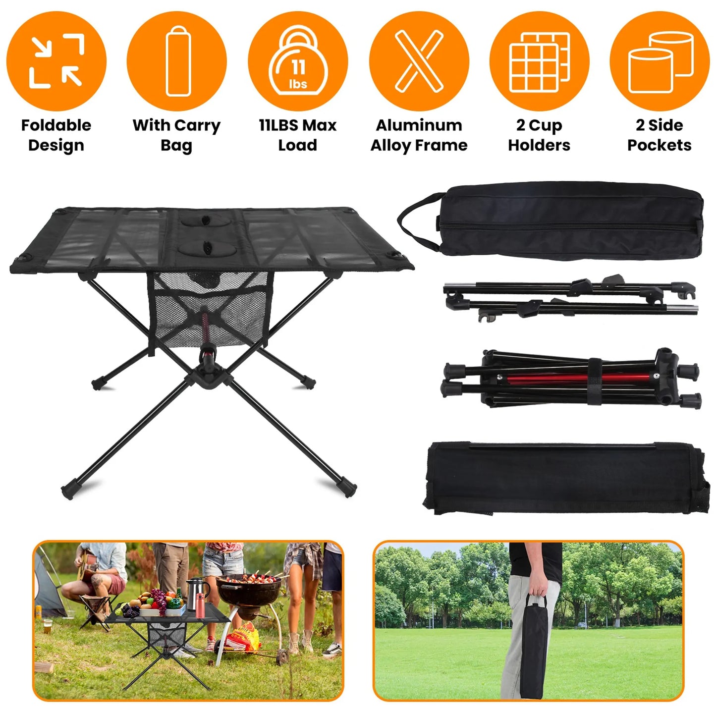 Portable Folding Camping Table – Lightweight with Cup Holders & Side Pockets