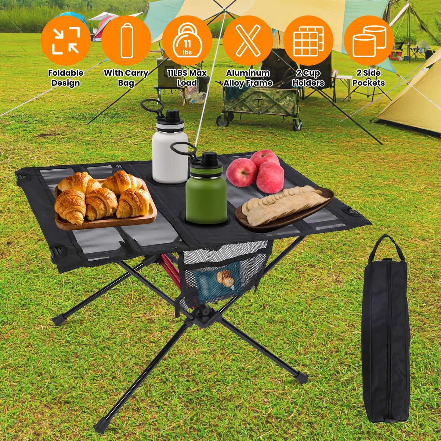 Portable Folding Camping Table – Lightweight with Cup Holders & Side Pockets
