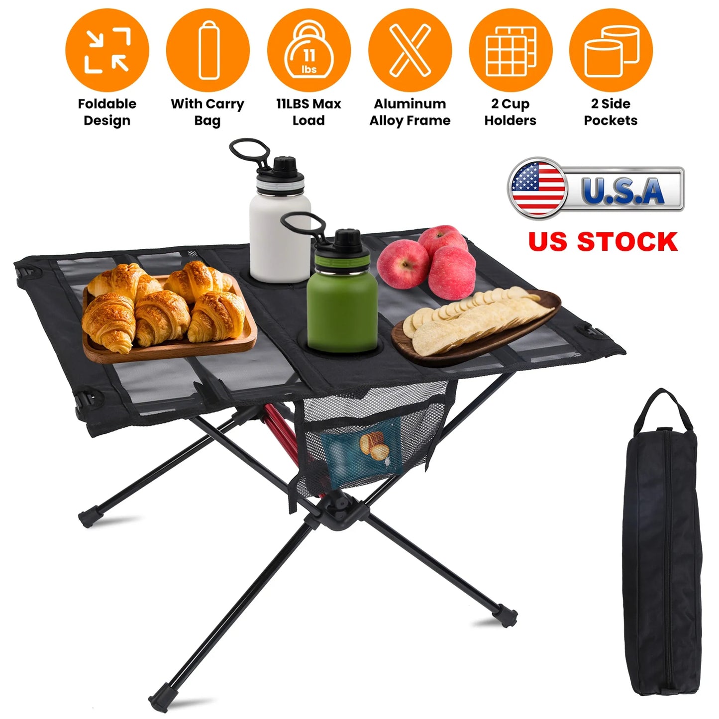 Portable Folding Camping Table – Lightweight with Cup Holders & Side Pockets