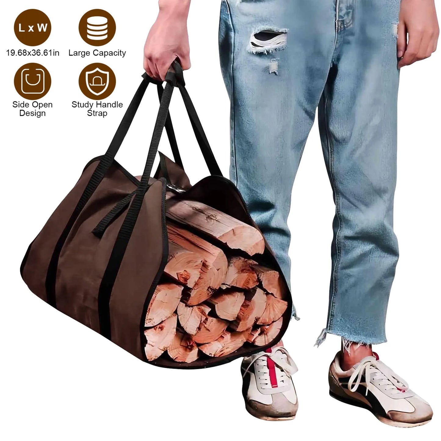 Firewood Carrier Bag – Heavy-Duty 600D Polyester, Wide Side Opening